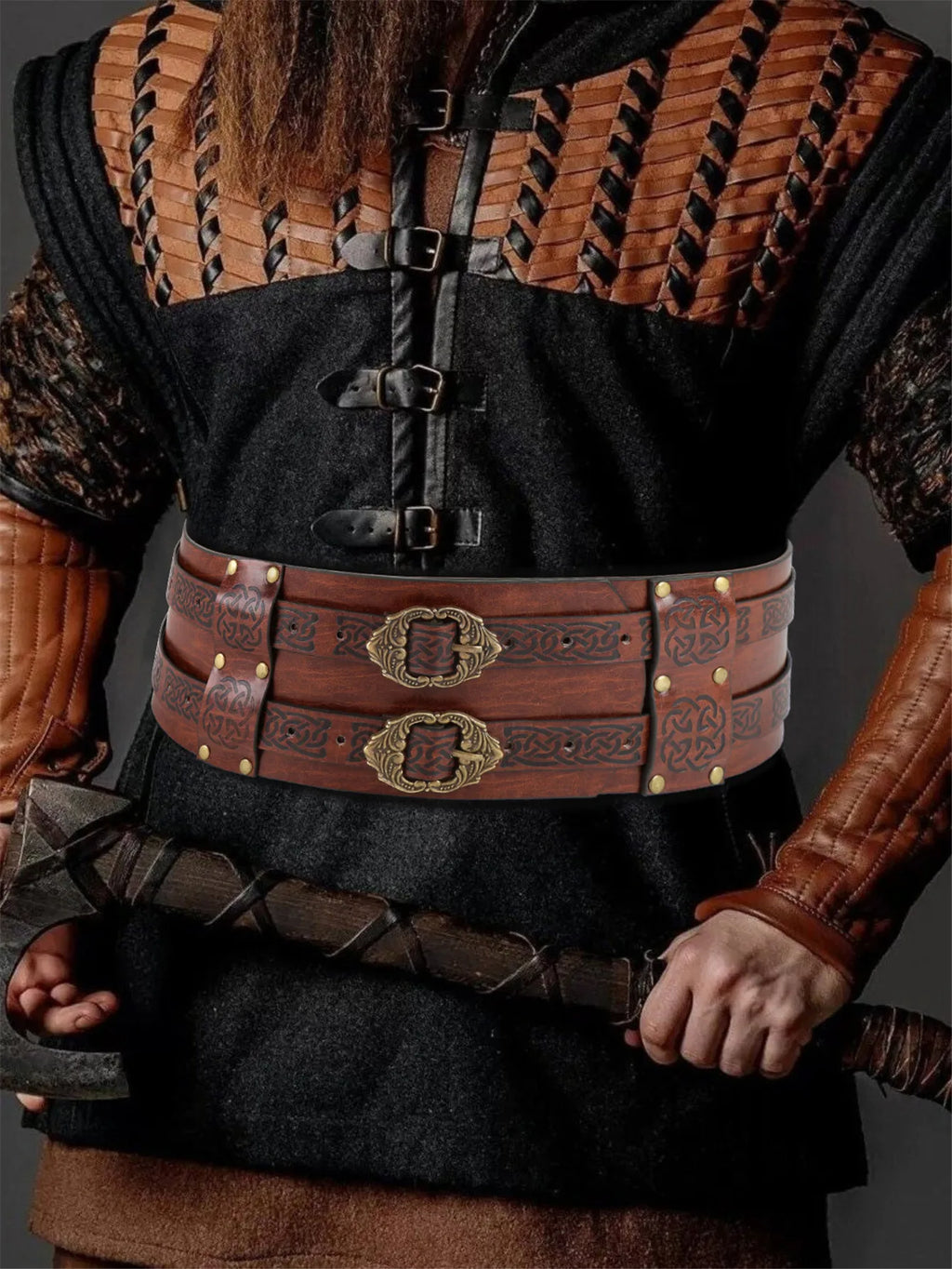 Renaissance Viking Embossed Wide Belt Medieval Faux Leather Armor Belt Medieval Wide Belt for Men PU Leather Costume Accessory