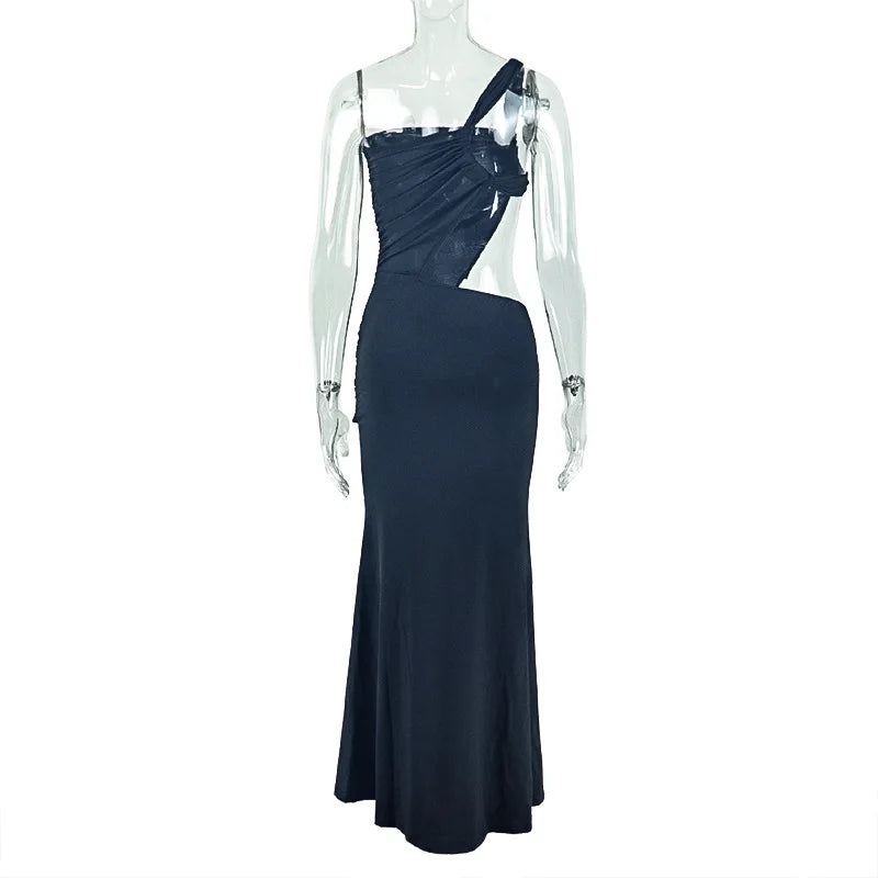 Weird Puss Irregular Hollow One Shoulder Maxi Dress Women Skew Collar Backless Ruched Kink Ribbon Prom Party Elegant Vestidos