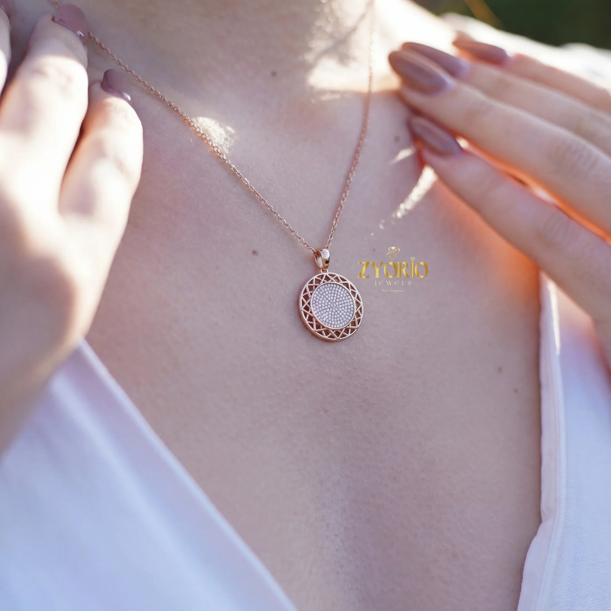 Rose Gold Geometric Openwork Diamond Pendant Necklace Sterling Silver Link Gold Luxury Elegant Modern Engagement Wedding Jewelry