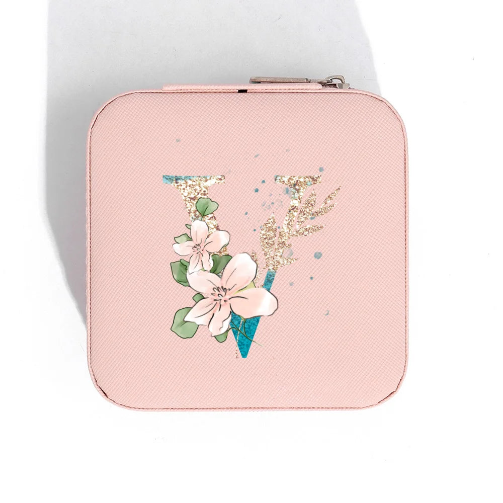 A-Z Alphabet Print Pink Travel Jewelry Organizer with Zipper Closure and Fabric Lining