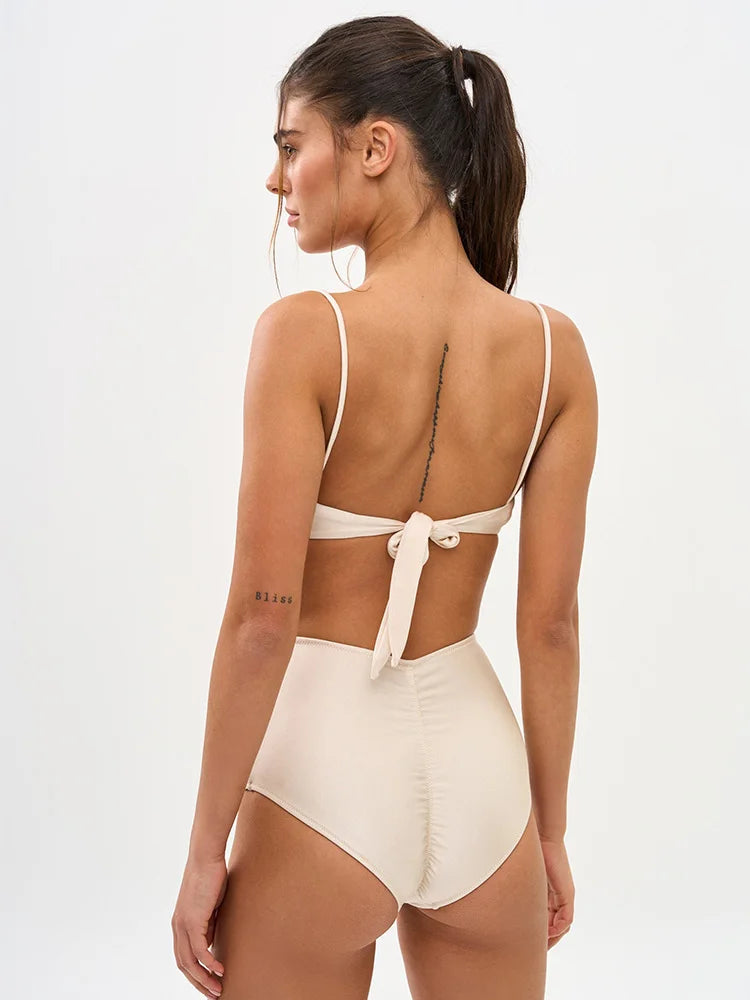 Pleated Swimsuits 2026 Solid Color Bikini High Waist Swimwear Women Bandage Bathing Suit String Biquini Mujer Summer Beach Wear