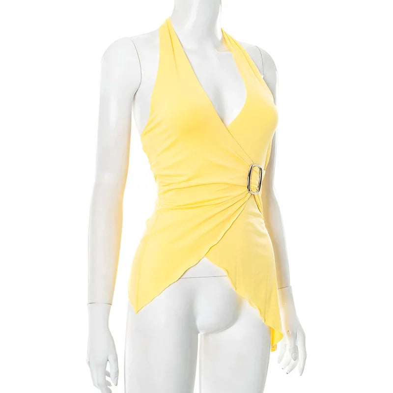 gestring Women Vest 2025 Summer New Solid Sleeveless V Neck Halter Cross Sexy Top Fashionable Slim Fit Short Ladies Tanks Camis