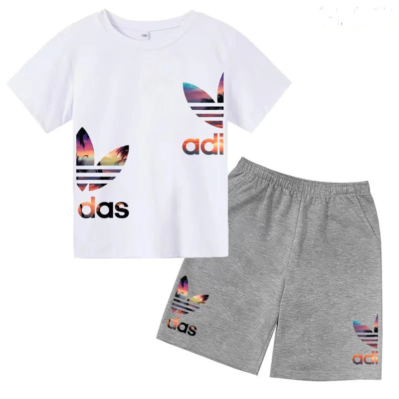 Kids T-shirt Set Colorful Letter Print Boys Girls 3-12Yrs Gift Short-sleeved+shorts 2P Round Neck Sports Casual Charming Clothes