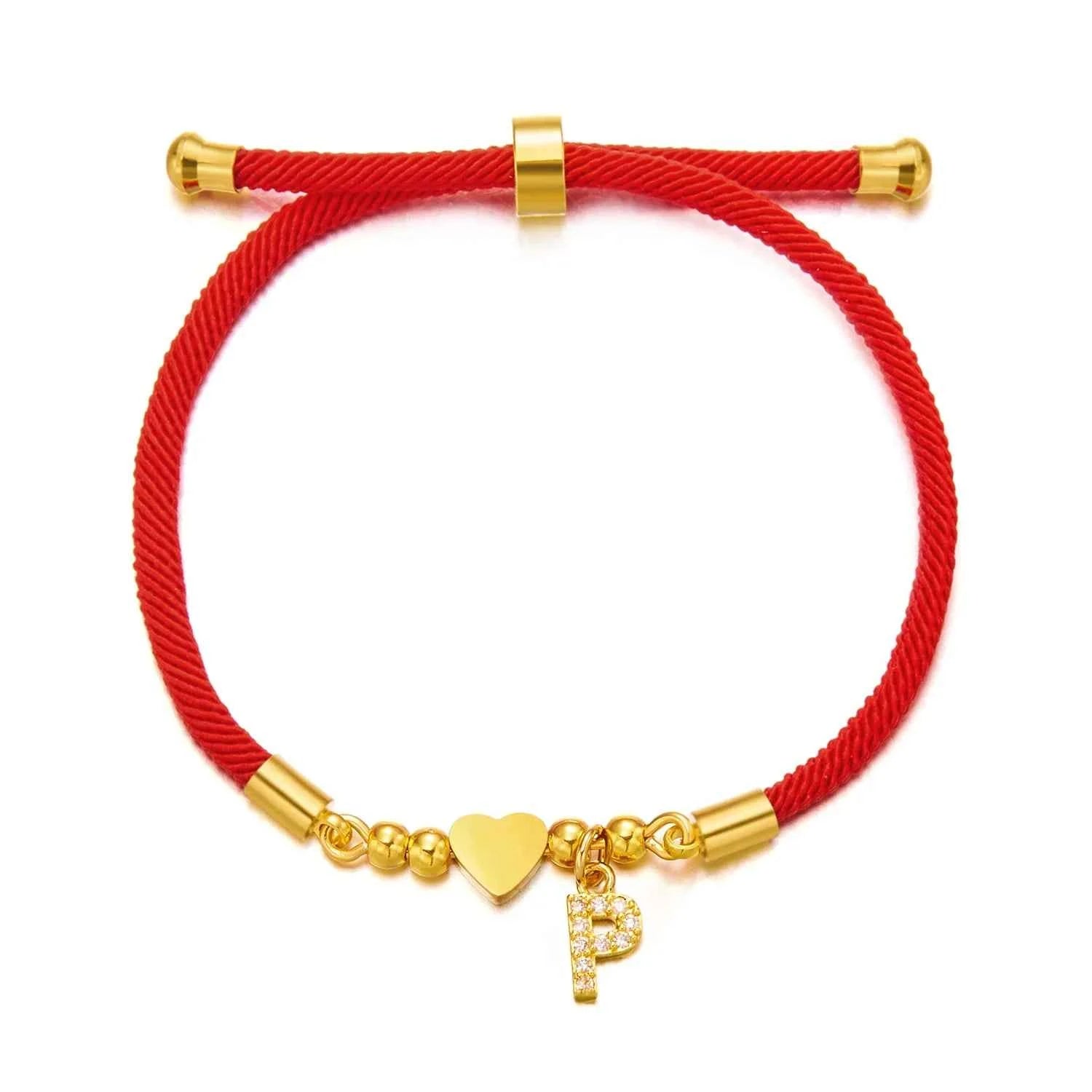 New Gold Stainless Steel Heart Initial Letter Bracelet - Red Rope Charm Jewelry for Men & Women, Lucky Gift