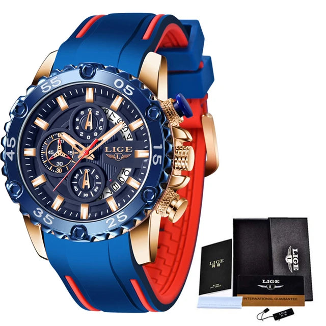 New Blue Watch LIGE Mens Watches Top Brand Luxury Big Dial Military Clock Quartz Watch Waterproof Sport Chronograph Erkek Saati