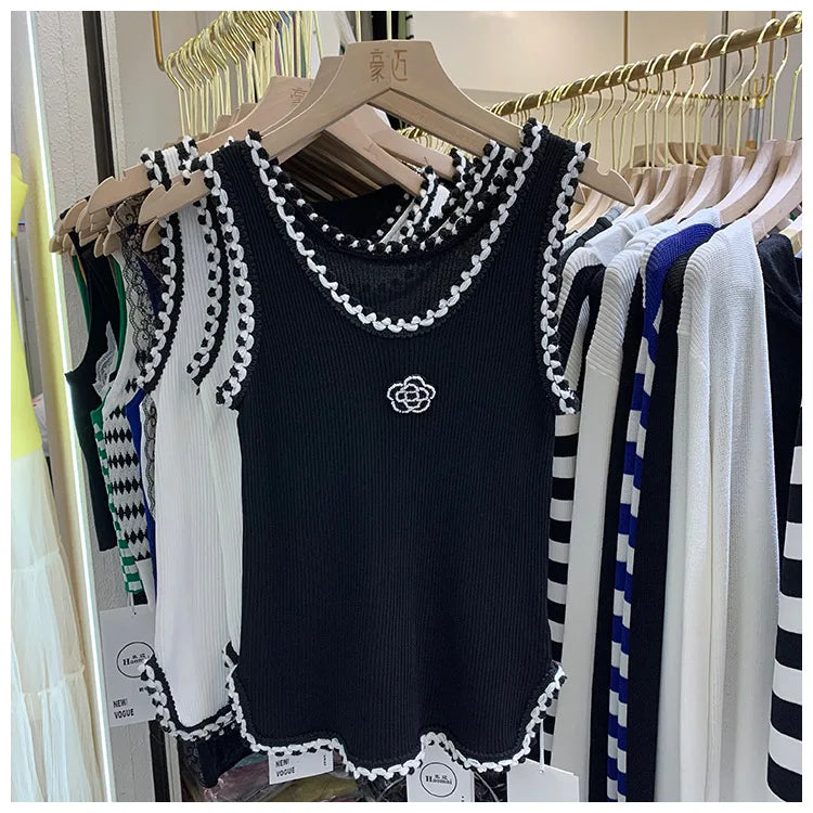 Women Summer Thin Curved Beads Knitted Vest Sleeveless Knit Camisole Tops Female O-Neck Outer Wear Inner Top Tank Rose