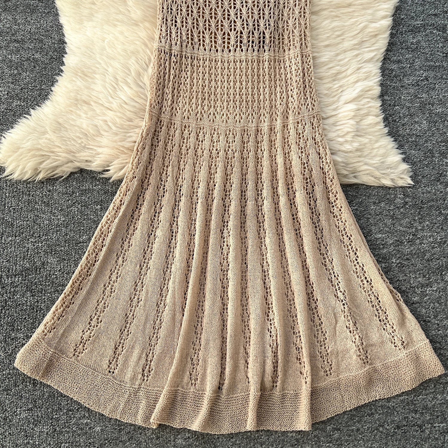 Women Hollow Knitted Dress Summer Flower Short Sleeved Fishtail Bodycon Dress with Camisole Dresses Vintage Party Long Robe