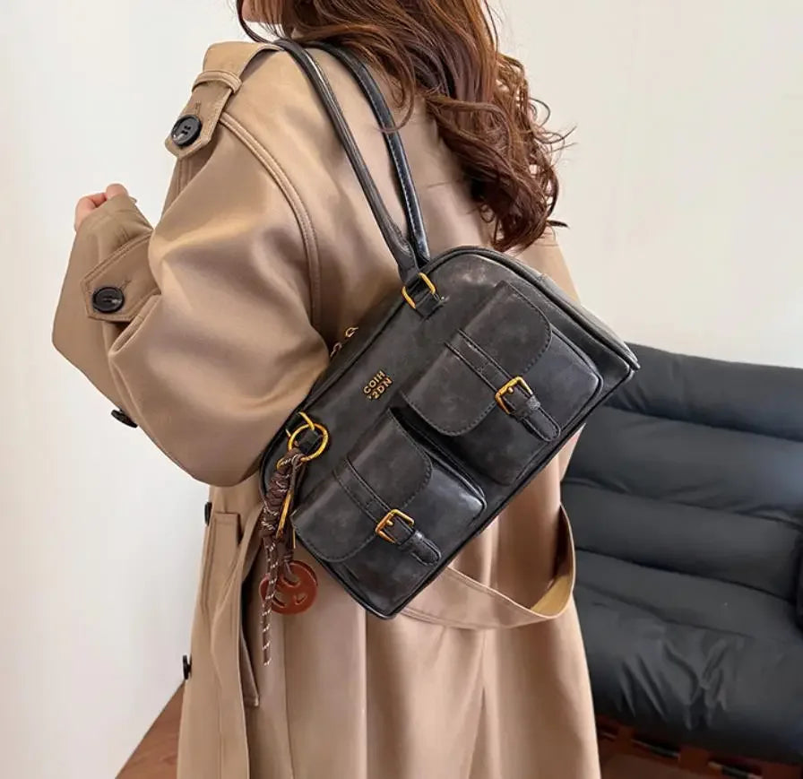 Women Multi Pocket Shoulder Tote Bag with Golden-Tone Hardware & Letter, Stylish Handbag Purse for Travel, Work, Shopping, Dates