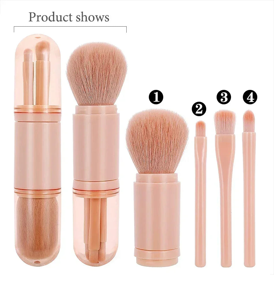 4in1 Makeup Brushes Set, Retractable Blush Brush + 3 Small Eyeshadow Brushes, Compact Portable for On-the-Go Touch-Up