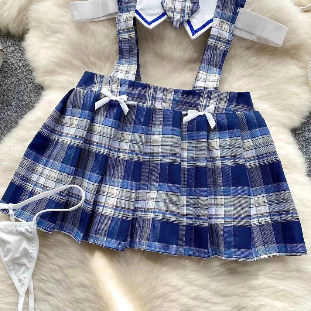 Girls Sexy Cute Japanese JK Uniform  Mini Checkered Strap Skirt Off Shoulder High Waist Elastic Cosplay Dress Hot Sweet Pajama