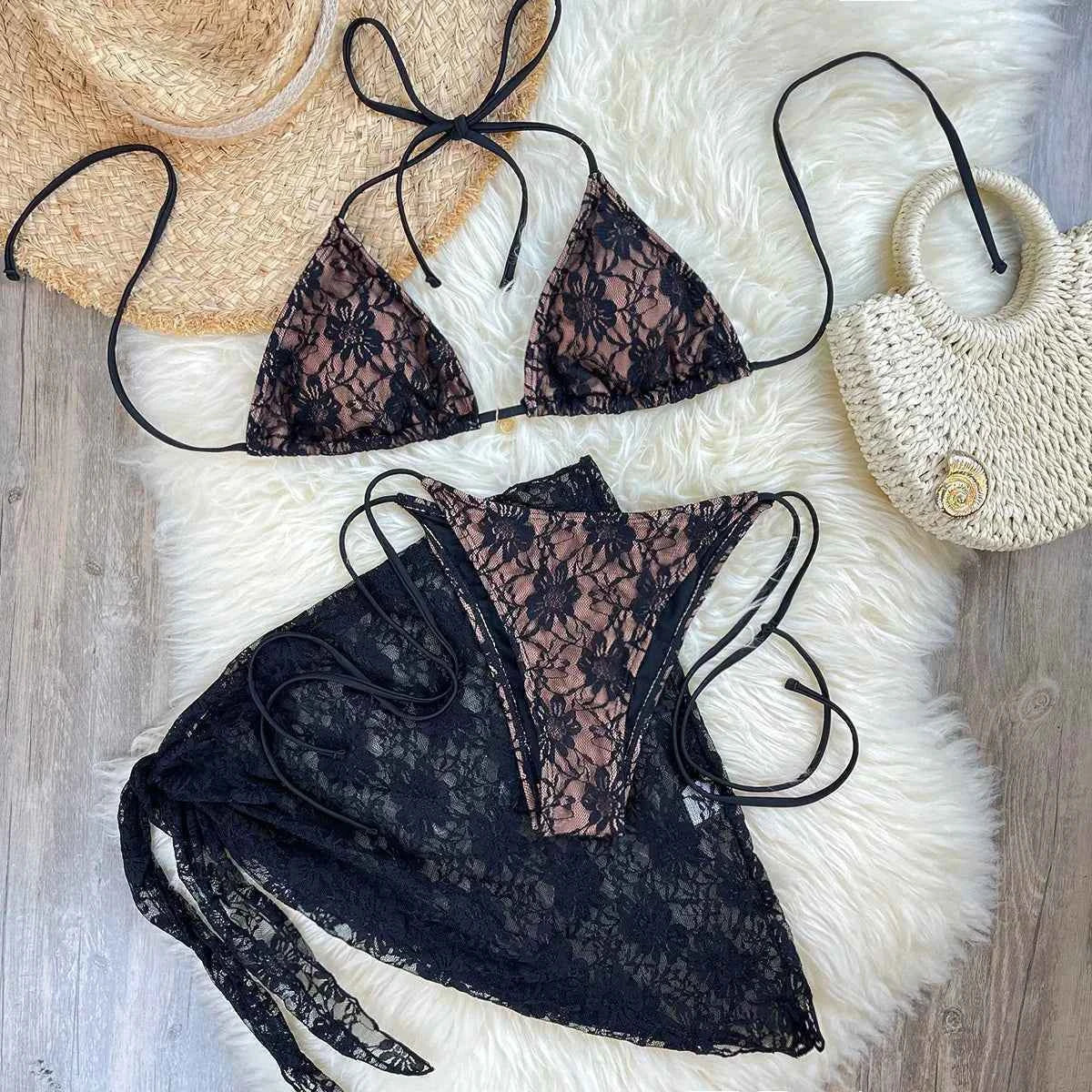 Lace Fabric Three-pieces Swimsuit Set With Sarong Bikini Inspired Women's Swimwear Beachwear Bathing Suit Vacay Outfit Biquini