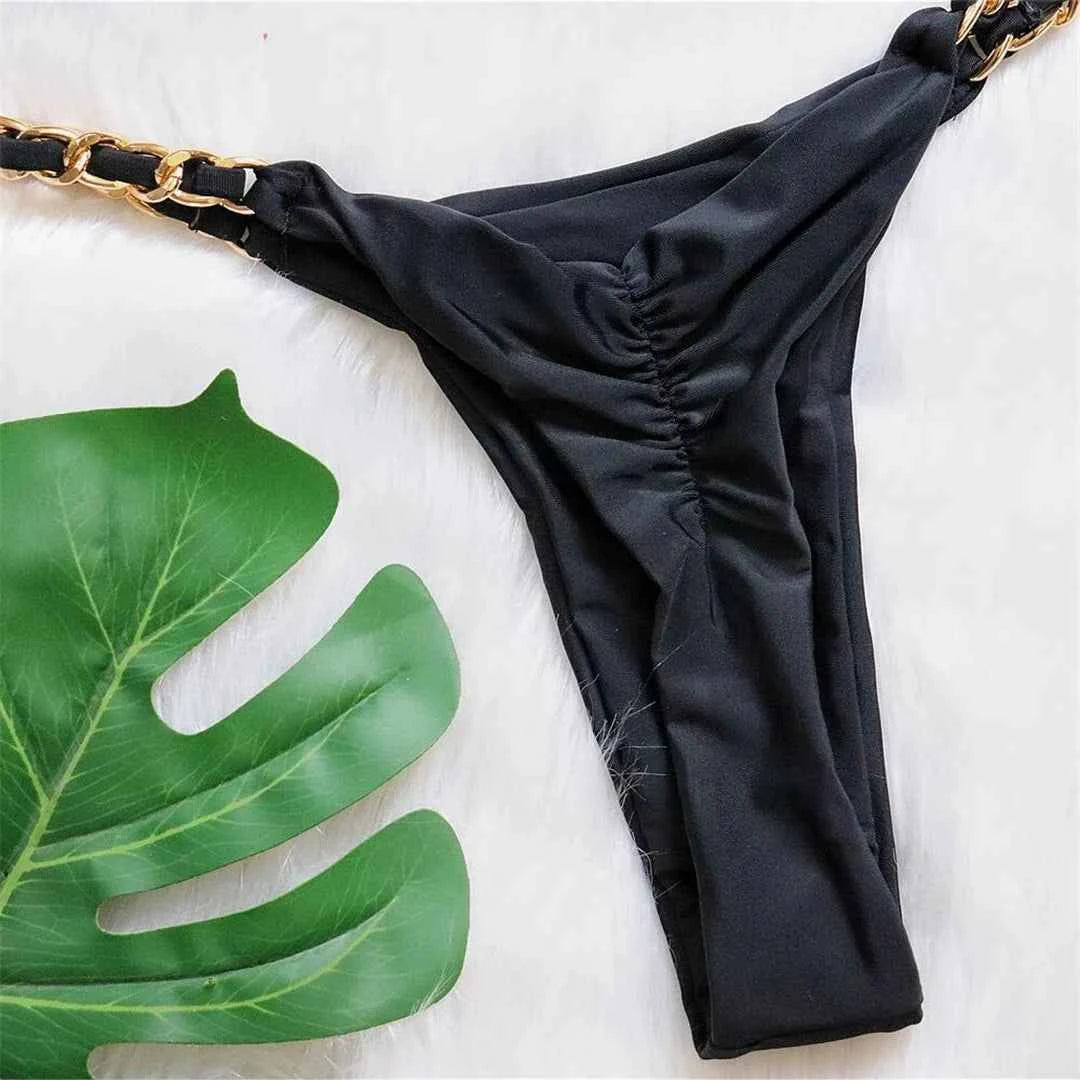 Metal Ring Halter Scrunch Butt Thong Bikini Women Swimwear Female Swimsuit Two-pieces Bikini set Bather Bathing Suit Swim V4391