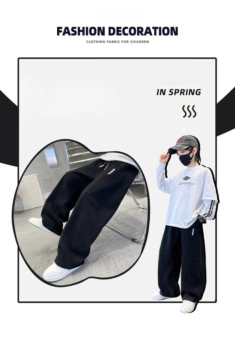 2026 New Spring Casual Kids Pants Black Elastic Waist Straight Leg Sweatpants for Boys Loose Pocket Children Trousers