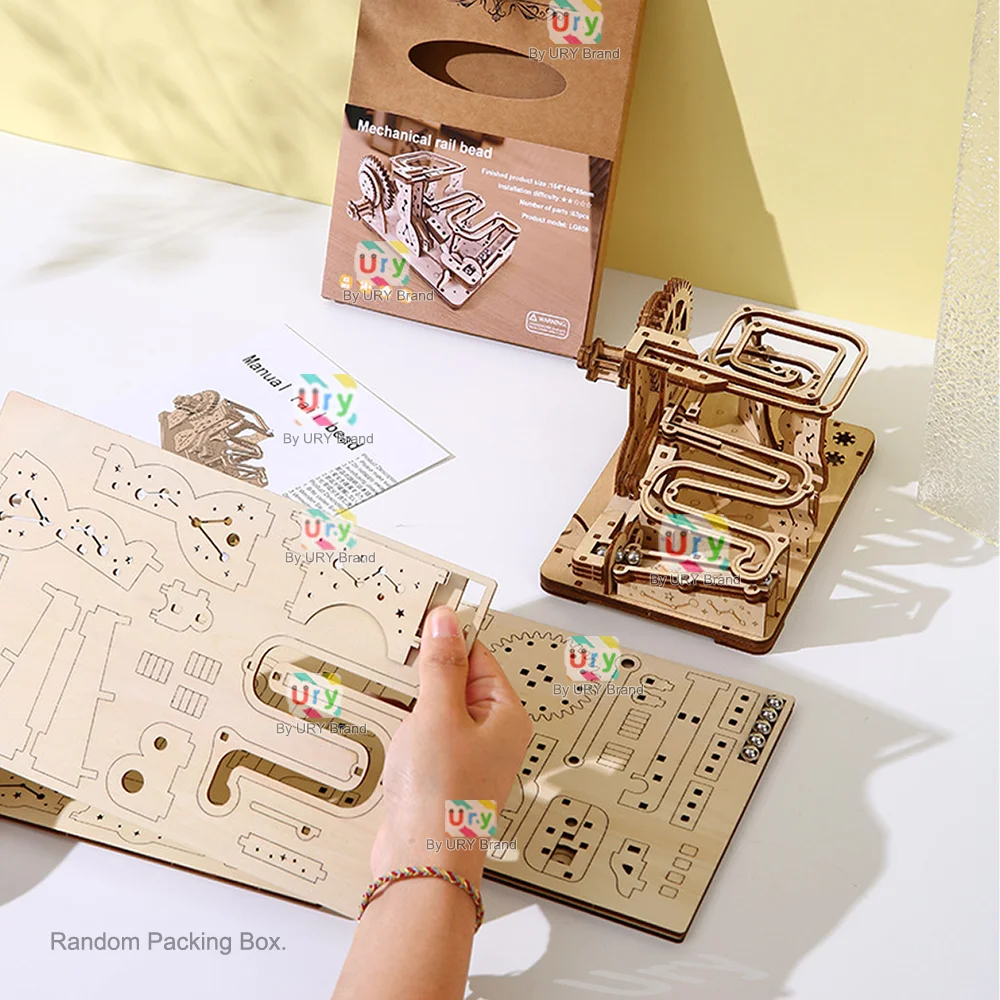 Ury 3D Wooden Puzzles Catapult Track Device Marble Run Set Mechanical Manual Model Science Maze Ball Assembly Toy Gift for Teens