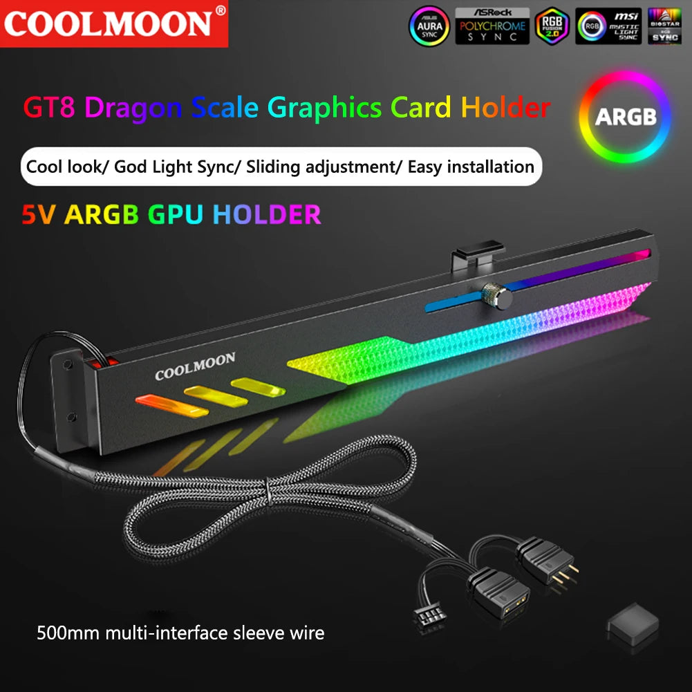 GT8 Horizontal GPU Support 5V ARGB Bracket Computer Video Card Stand GPU Holder with Aluminum Alloy Shell Slide Adjustment
