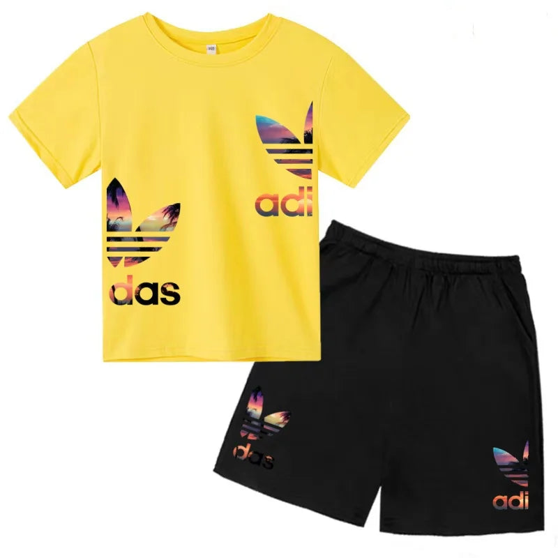 Kids T-shirt Set Colorful Letter Print Boys Girls 3-12Yrs Gift Short-sleeved+shorts 2P Round Neck Sports Casual Charming Clothes