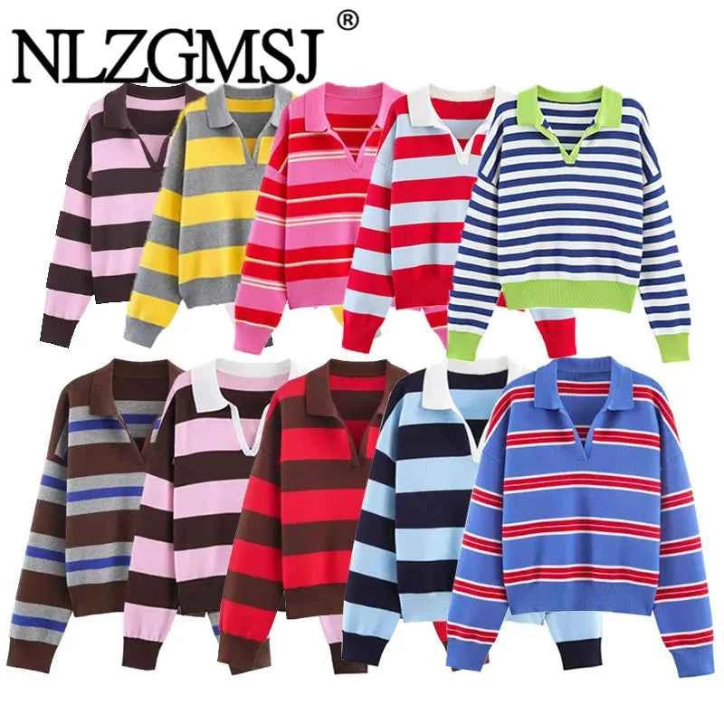 Nlzgmsj 2025  Autumn High Street Chic Women Striped Knitted  Sweaters Women Full Sleeve Vintage Style Tops