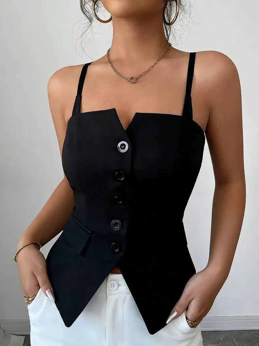 Women's Casual Tank Top Spring Summer Black Top Spaghetti Strap Sweetheart Neck Button Slim Fit Valentine's Day Elegant Sexy Top