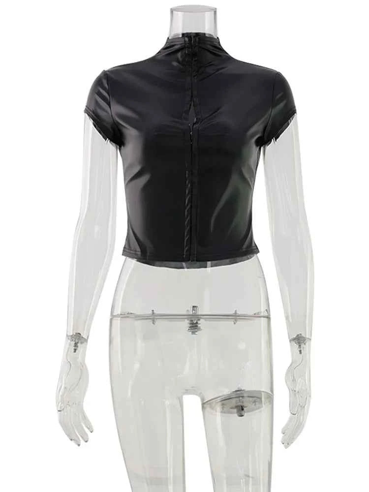CNYISHE PU Leather Button Solid Short Sleeve Women Tops Sheath Fashion High Collar Blouse Fitness Female Sexy Club Tees Chic