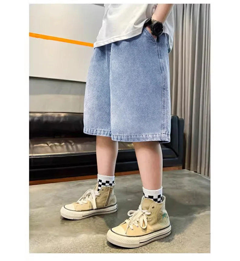 Teen Boys Denim Shorts 2026 New Summer Children Loose Wide Leg Knee Length Jean Pants Kid Casual Streetwear Elastic Waist Shorts
