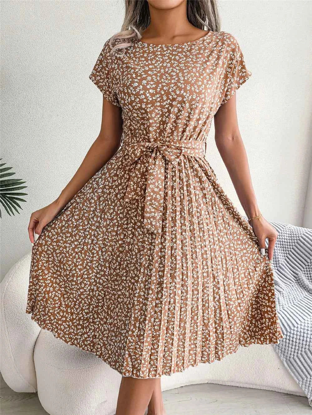 Ficusrong Fashion Floral Pleated A Line Long Dress Women Spring Summer Short Sleeve High Waist Chic Dress