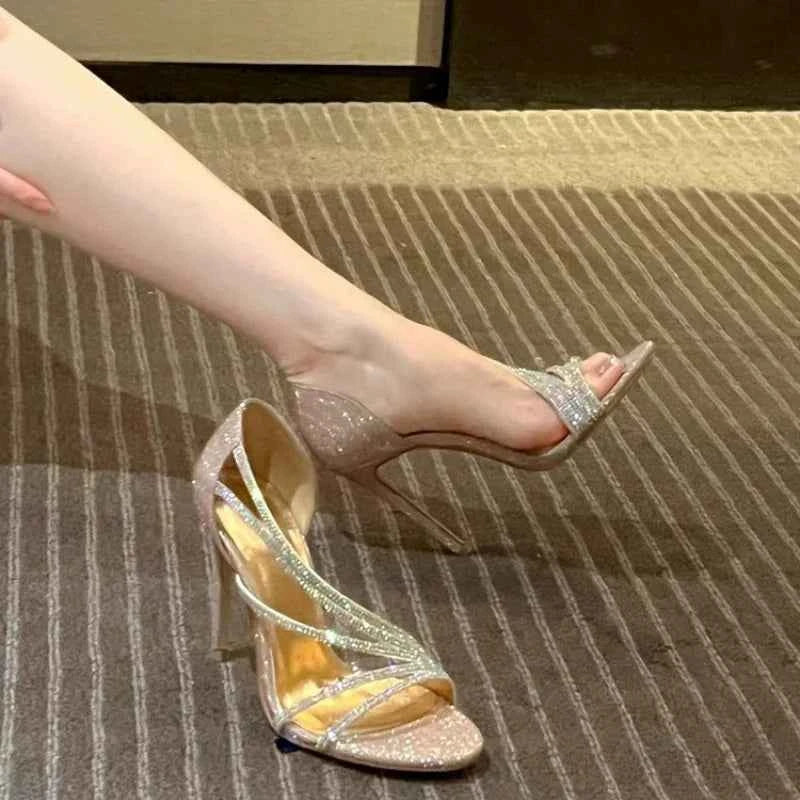 Rhinestone Pointed Toe Luxury Women Pumps Wedding Shoes Fashion PVC Sexy High Heels Woman Summer Elegant Party Bridal Shoes