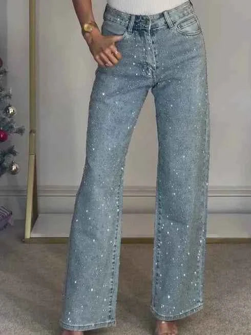 2025 Women Jeans Straight Diamonds Pants Stretch High Waist Washed Mom Jeans Y2k Streetwear Trousers Vintage Denims Streetwear