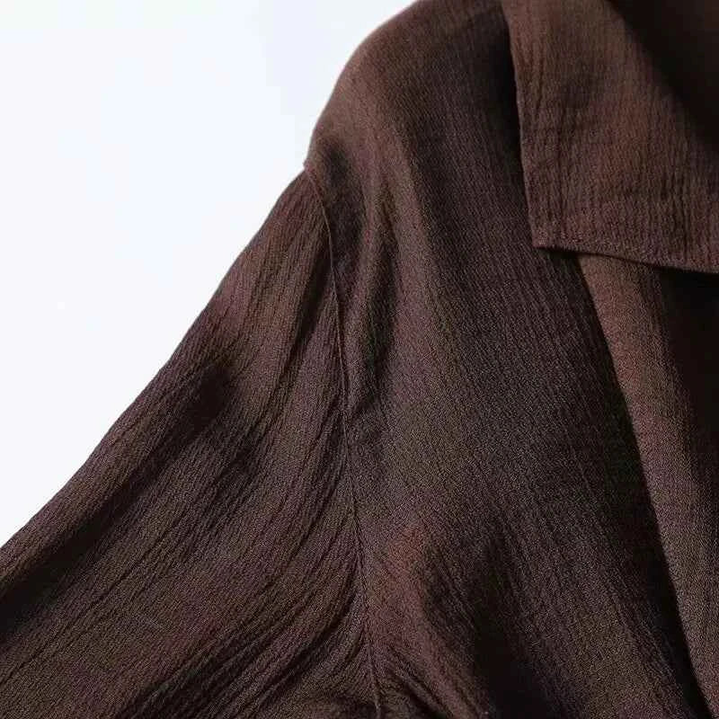 YENKYE Spring 2025 Women Brown Long Sleeve V Neck Ruffle Shirt Office Casual Blouse Blusas Mujer