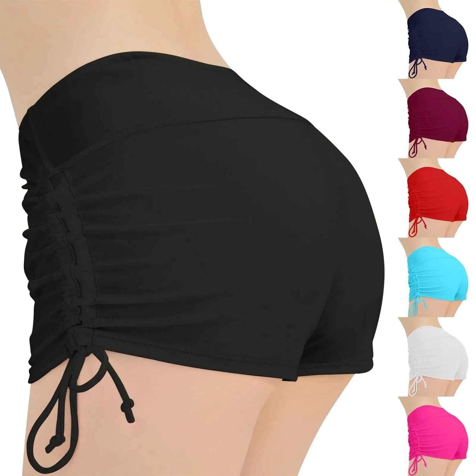 Women'S Summer Swimwear Briefs Solid Colored Boxer Beach Shorts High Waist Side Adjustable Drawstring Elastic Sports Swimsuit