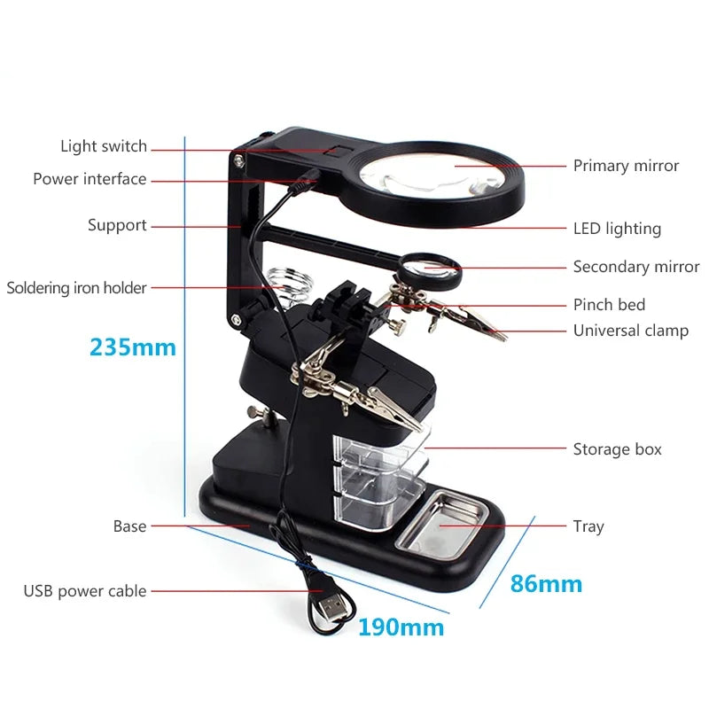 LED Light Desktop Magnifying Glass Soldering Station USB Adjustable Helping Hands Magnifier with LED Light and Alligator Clips