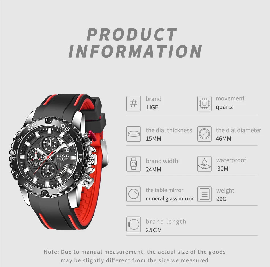 New Blue Watch LIGE Mens Watches Top Brand Luxury Big Dial Military Clock Quartz Watch Waterproof Sport Chronograph Erkek Saati