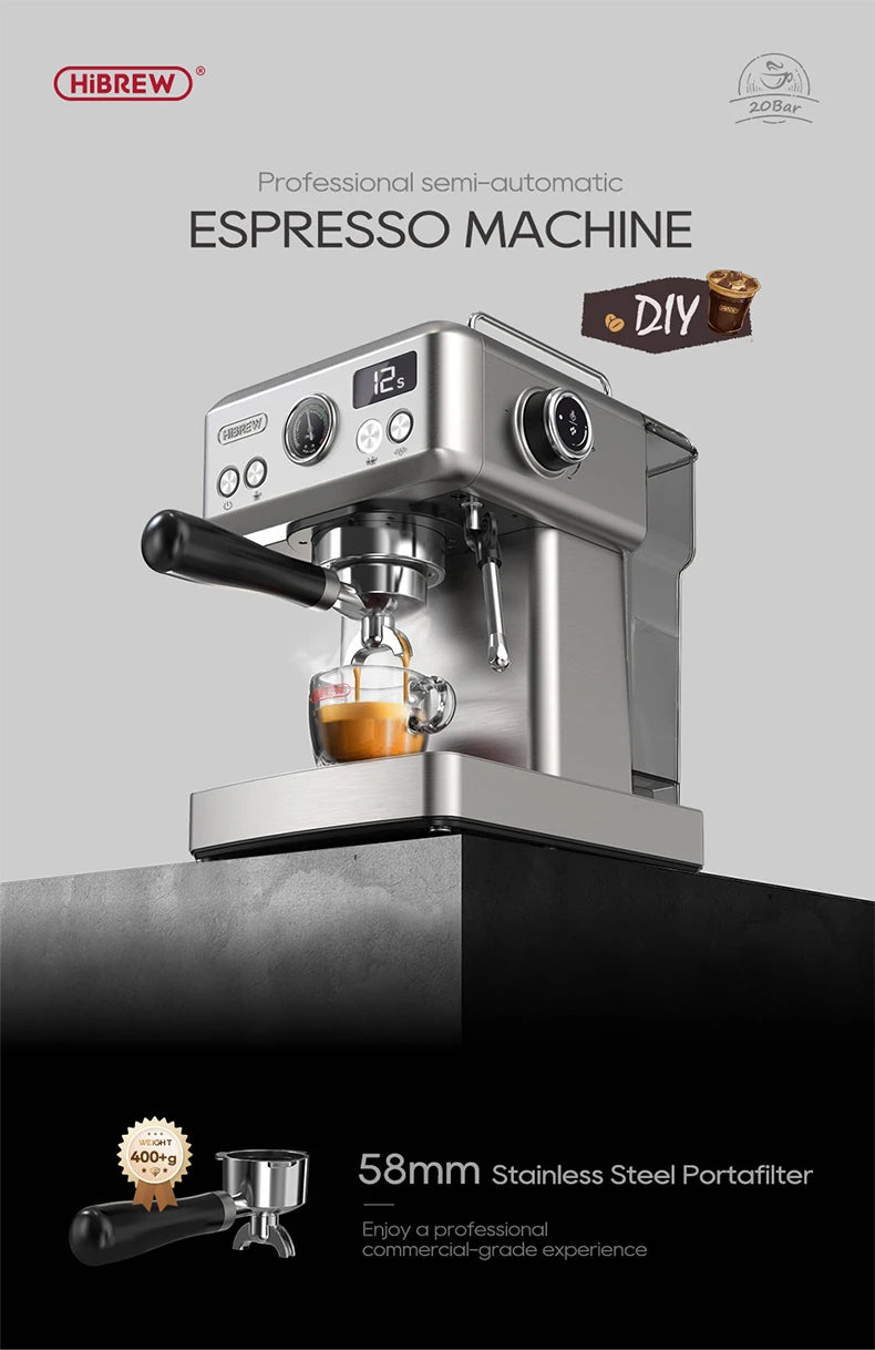 HiBREW 20Bar Semi Automatic Espresso Coffee Machine Temperature Adjustable 58mm Portafilter Cold/Hot Coffee Maker Metal CaseH10A