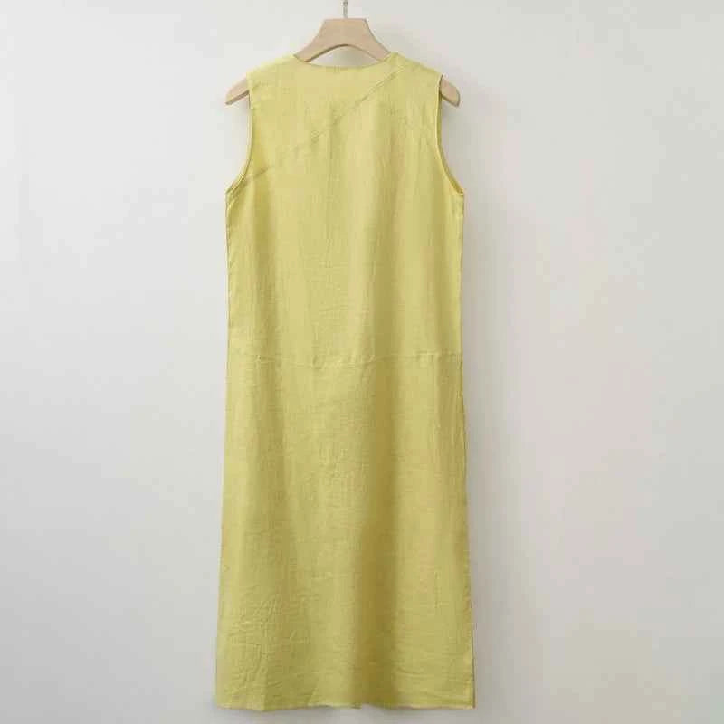 2025 Summer Women Solid Linen V Neck Sleeveless Fashion Dress Split Tank Dress