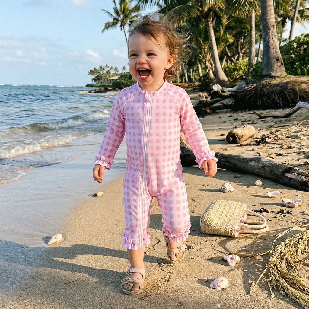 Toddler Baby Girl Summer Rash Guard Swimsuit Solid Color Print Long Sleeve Round Neck Romper Swimwear for Pool Beach