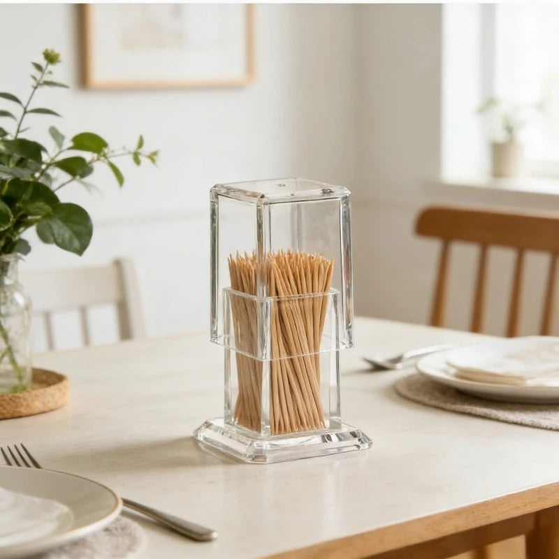Acrylic Material Transparent Square Dustproof Toothpick Storage Organizer Box With Lid For Home Living Room