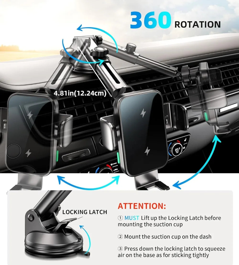 15W Car Phone Holder Wireless Car Charger Dual Coil Dash Vent Windshield Auto Clamping Charging Phone Holders for iPhone S24/S23