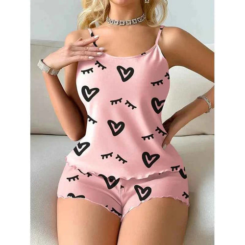 2PCS Women Pajama Set Heart Print Cami Top and Shorts Cute Satin Sleepwear Loungewear Summer Nightwear Homewear Outfit