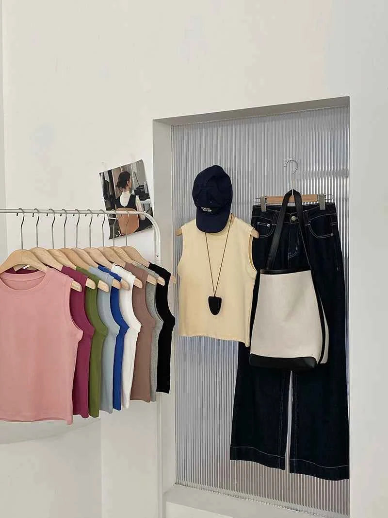Spring women's casual solid color round neck slim fit vest