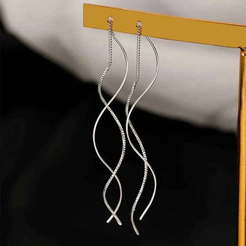 Long Spiral Ear Line Wave Drop Geometric Simple Rhinestones Metal Style Tassel Dangle Earrings for Women Party Fashion Jewelry N