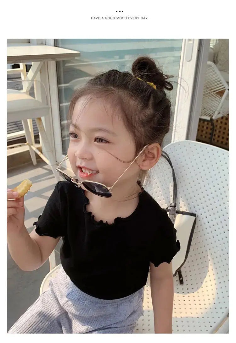 Girls' Casual Ice Silk Short-Sleeve T-Shirt, New Korean Style Children's Ruffled Top, Solid Color, Simple and Versatile