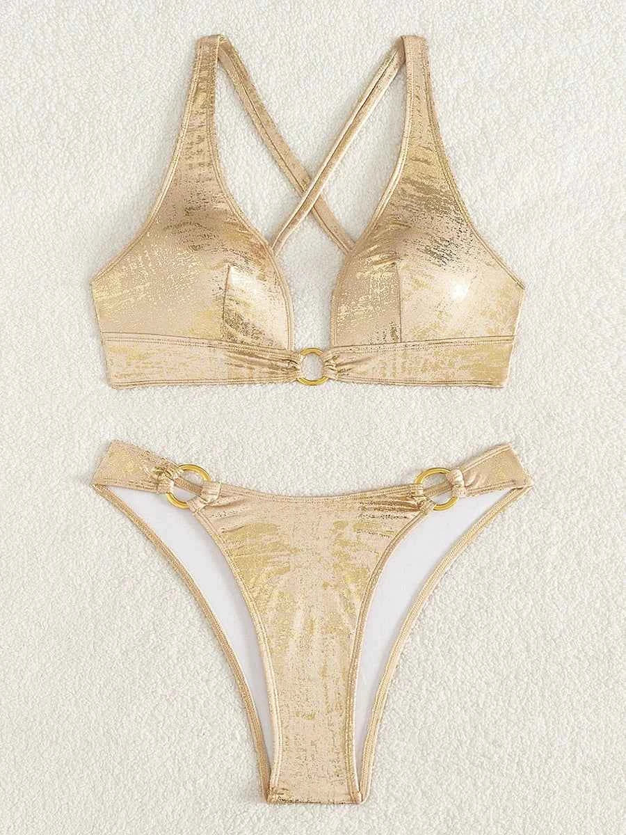 2026 Golden Sparkling Halter Rings Bikini Women Swimsuit Female Swimwear Two-pieces Bikini Set High Cut Bathing Suit Swim Lady