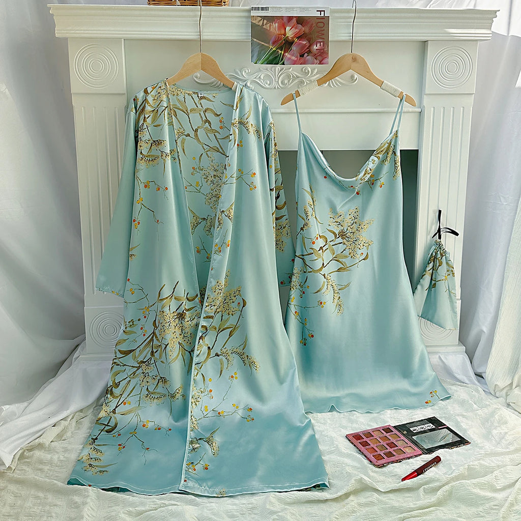 Floral Print Pajama Set Long Sleeve Robe With Belt   V Neck Slip Dress  Women's Sleepwear  Loungewear