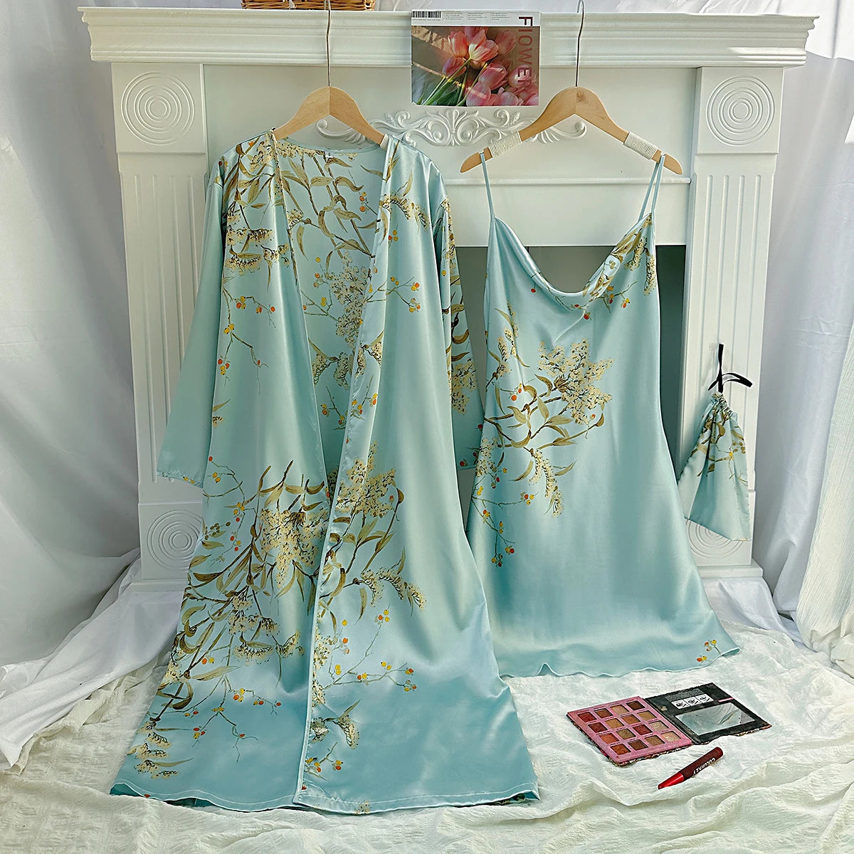 Floral Print Pajama Set Long Sleeve Robe With Belt   V Neck Slip Dress  Women's Sleepwear  Loungewear