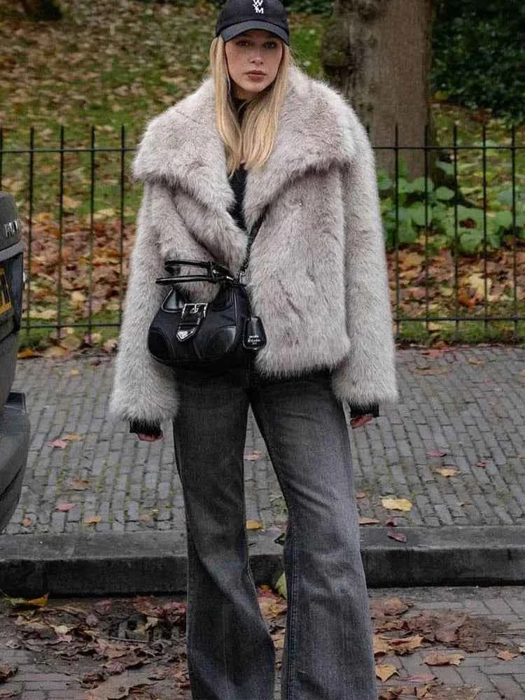 HH Women Fashion Cropped Faux Fur Jacket Coat Long Sleeve Front Snap-button Female Outerwear Chic Lapel Collar Thick Coat