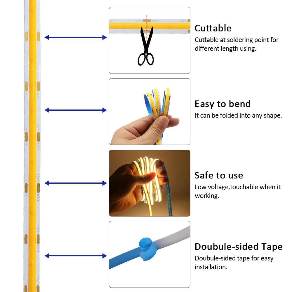 FOB COB LED Strip Lights 12V 2M 3M 5M High Density Flexible Diode Tape Light 3000K 6000K Linear Dimmable 12 Volt Home Decoration