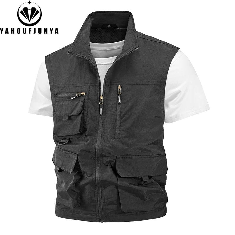 2024 Summer Men Sleeveless Fishing Tool Webbed Breathable Vest Men Many Pocket Outdoors Camping Thin Lightweight Loose Vest Male