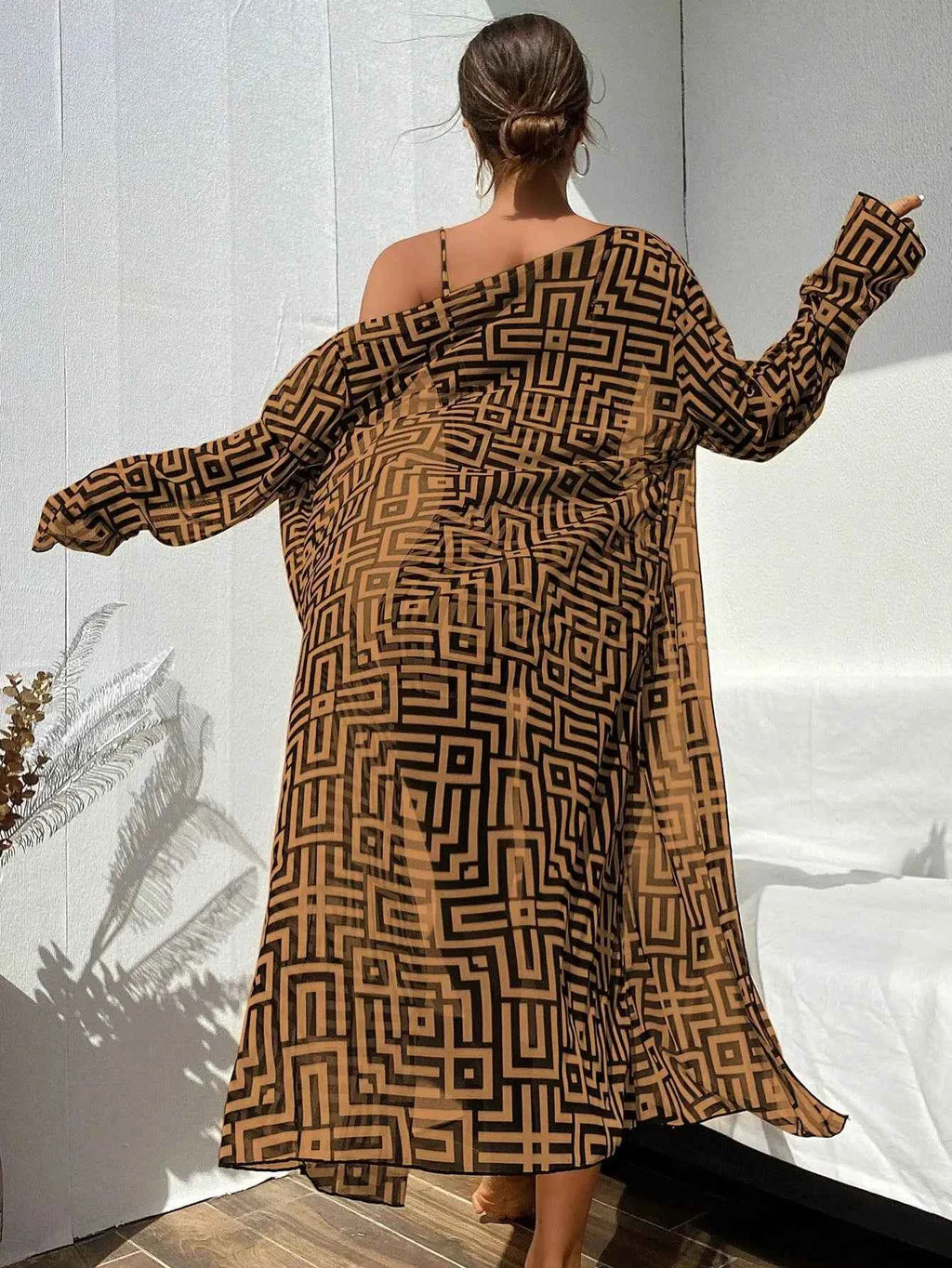 Women's Beach Summer Geometric Print Three-Piece Swimsuit Set with Long Sleeve Beach Cover-Up, Polyester Knit Fabric with Elasta