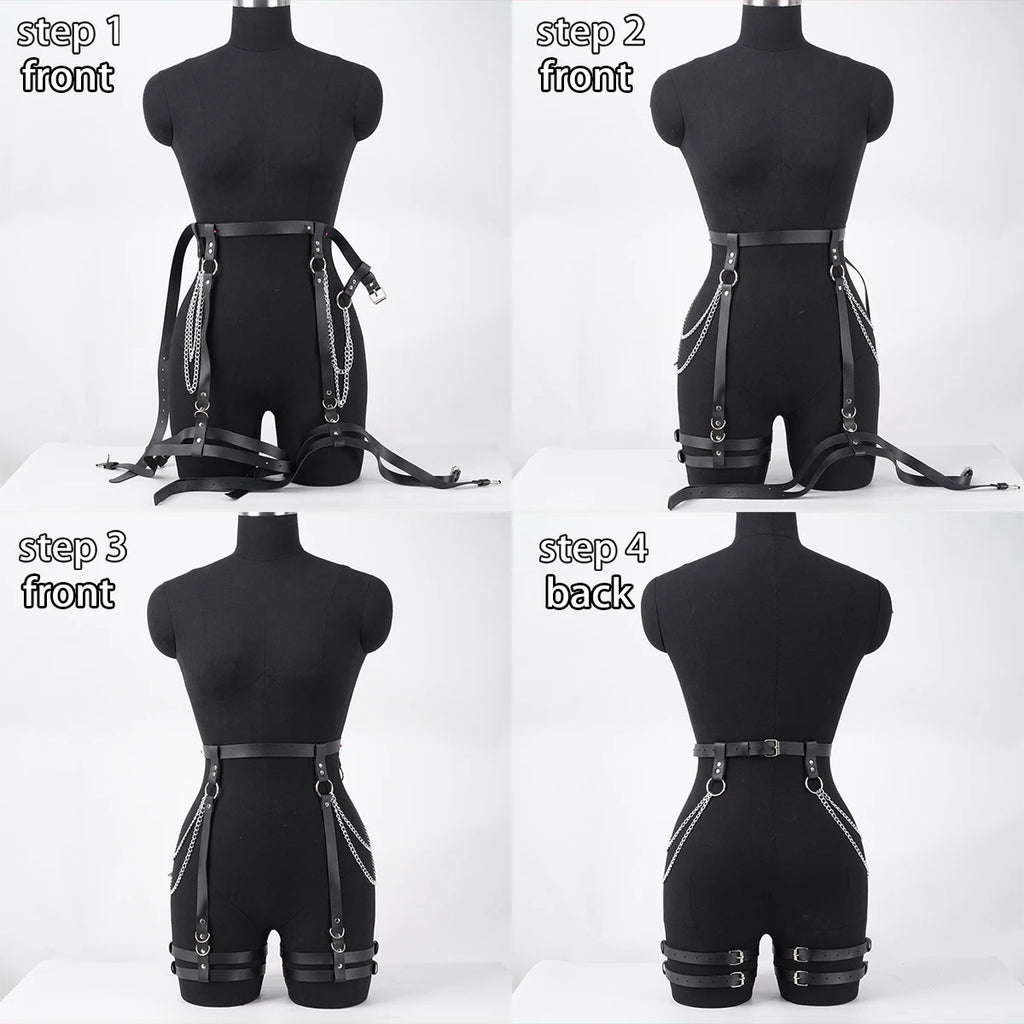 Harness PU Leather Women Chain Tassel Waist To Thigh Harness Punk Gothic Adjustable Body Accessory For Rave Party Festival Outfi