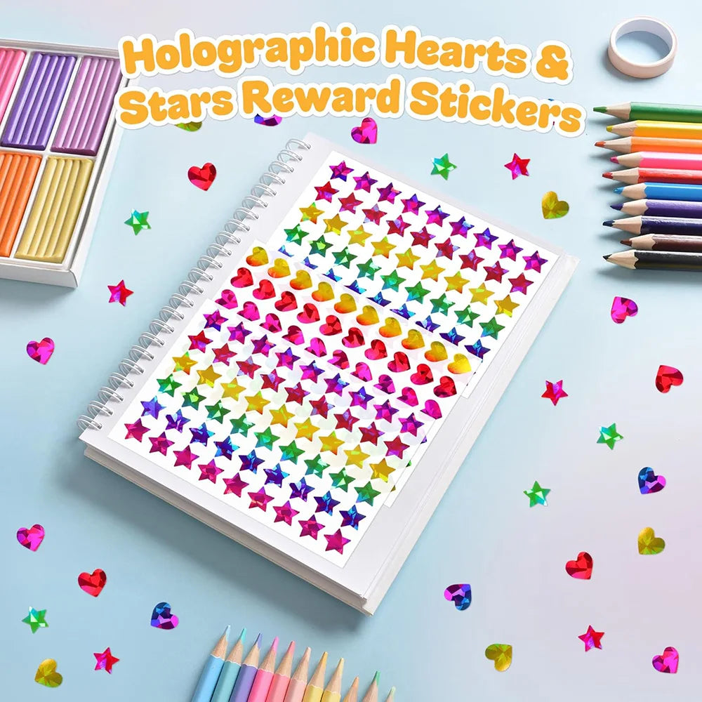 Kids Reward Sticker Stars Flowers Hearts Dots Sparkly Holographic Stickers Behavior Chart School Student Supplies DIY Decoration