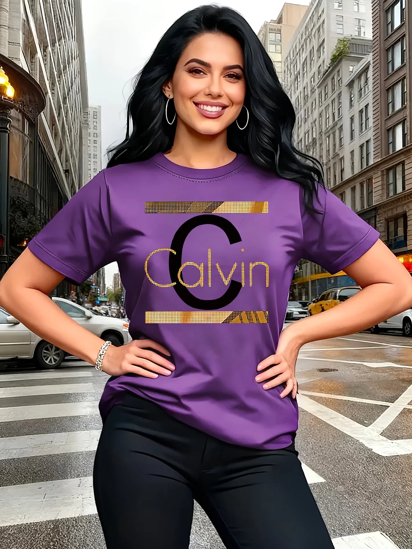 Calvin Letter Print Women's Tee - Gold Graphic Green Casual Top